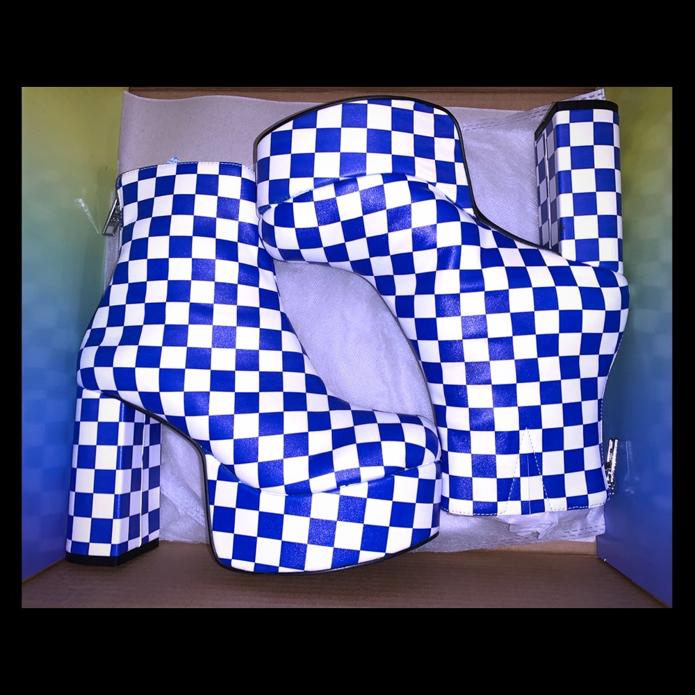 Blue and White Checkered Platform Boot Heels